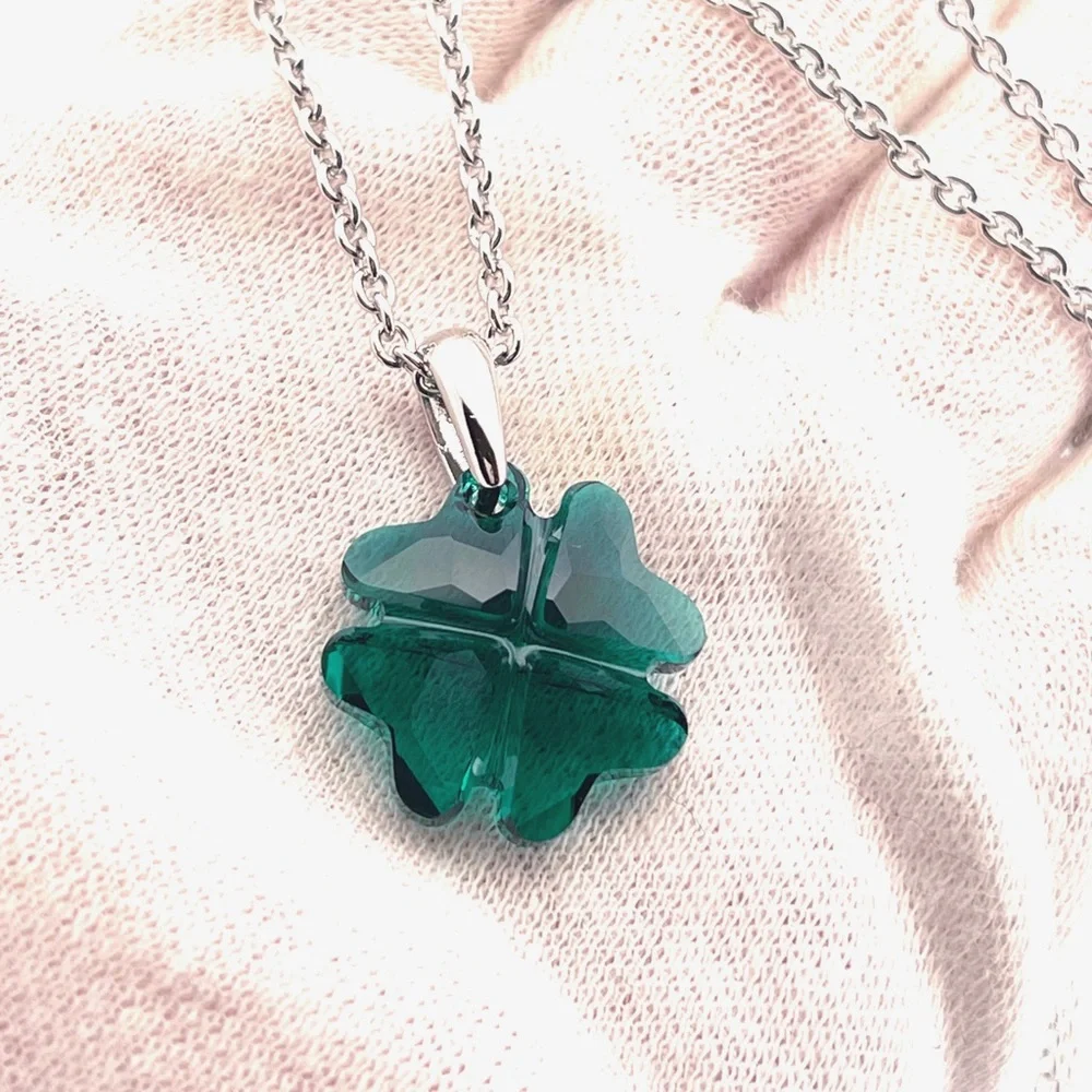 Faceted Crystal Shamrock Necklace - Four Leaf Clover Swarovski Crystal